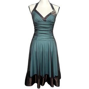 Y2K Xoxo Fairy Babydoll Halter Mini Dress Teal Brown Size 3 V-neck Ruched Satin
